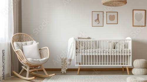 Generative AI : Modern baby room interior with crib and rocking chair