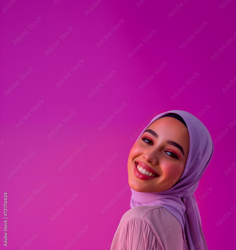 Portrait of beautiful asian muslim woman with pink hijab on purple background Portrait of beautiful asian muslim woman with pink hijab on purple background