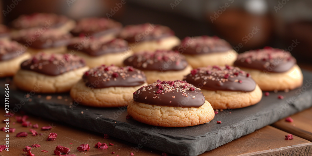 Freshly baked cookies dipped in rich chocolate and garnished with raspberries sprinkles, presented on a slate board.
Freshly baked cookies dipped in rich chocolate and garnished with raspberries sprinkles, presented on a slate board.