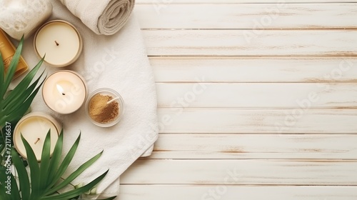 Beautiful spa treatment composition such as Towels, candles, essential oils, Massage Stones on light wooden background. blur living room, natural creams and moisturizing Healthy lifestyle, body care