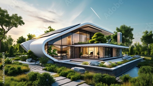 Modern Eco-Friendly Smart Home at Sunset. Generative ai