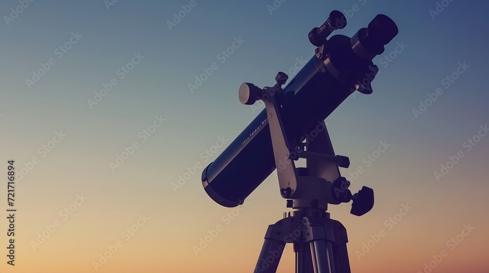 Generative AI : Big astronomical telescope under a twilight sky ready for stargazing.