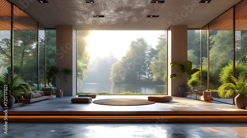 Generative AI : Modern contemporary empty hall with nature view 3d render overlooking the living room 