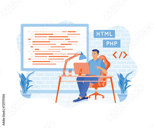 Man developing mobile applications on the computer. The screen displays computer script coding. APP devs concept. flat vector modern illustration 