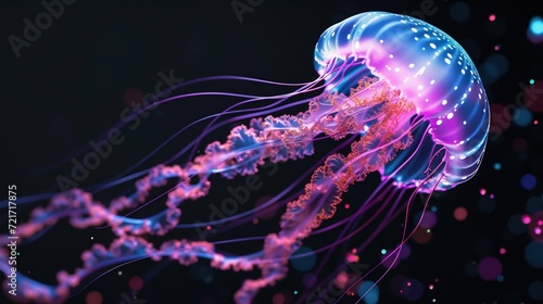 Neon Glowing Jellyfish in Deep Ocean. Generative ai © Scrudje