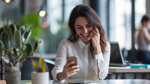 Generative AI : Smiling businesswoman using her phone in the office. Small business entrepreneur looking at her mobile phone