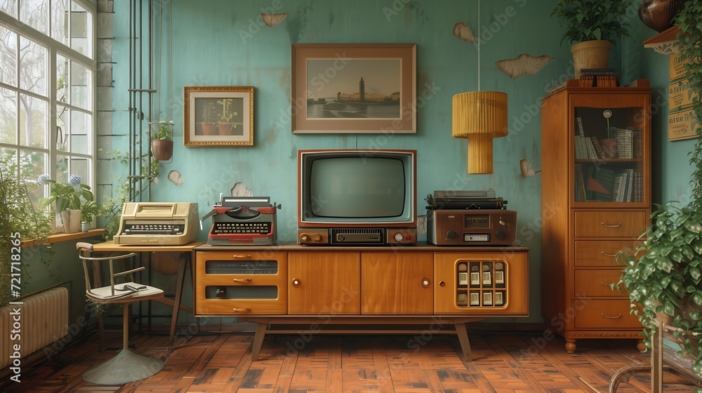 Generative AI : Retro living room design with old television, cabinet and radio along with work area with typewriter - obrazy, fototapety, plakaty 