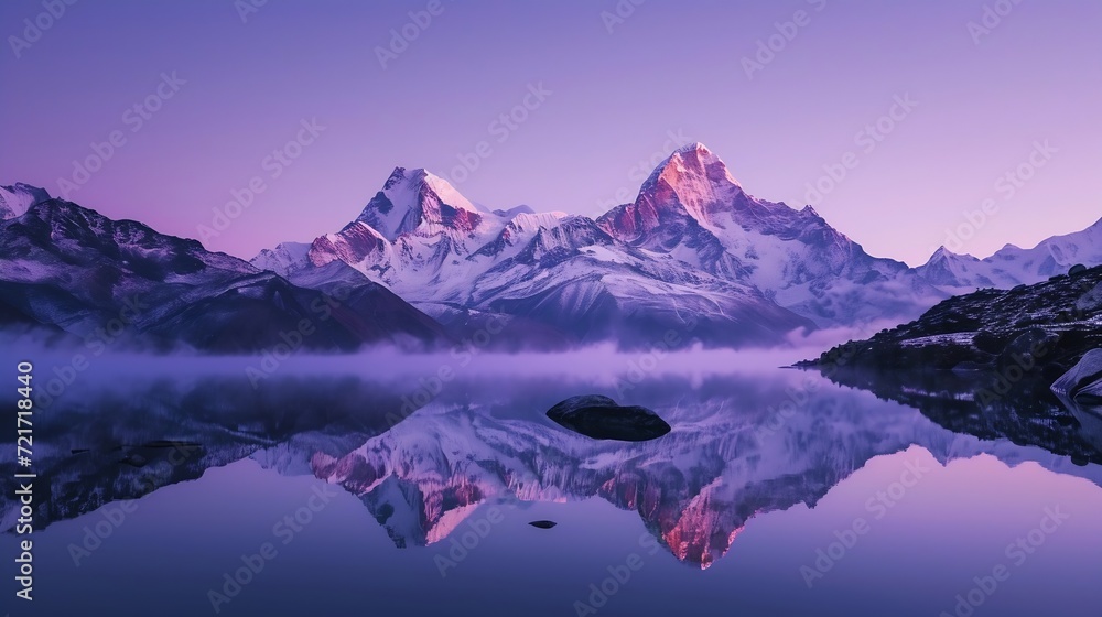 Generative AI : Mountain lake with perfect reflection at sunrise. Beautiful landscape with purple sky - obrazy, fototapety, plakaty 