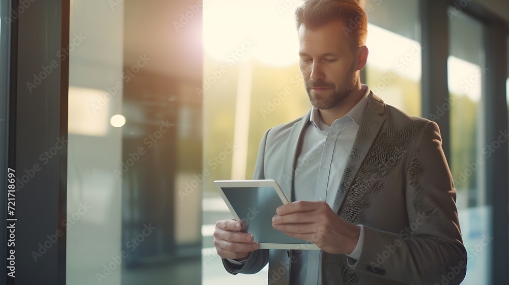 Generative AI : Handsome businessman using his tablet in the office Generative AI : Handsome businessman using his tablet in the office