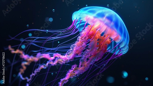 Neon Glowing Jellyfish in Deep Ocean. Generative ai