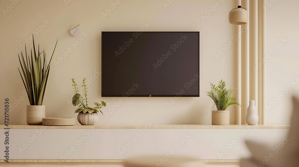 Generative AI : Mockup a TV wall mounted with decoration in living room Generative AI : Mockup a TV wall mounted with decoration in living room