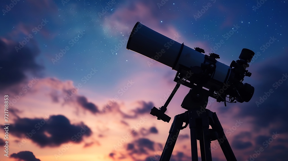 Generative AI : Big astronomical telescope under a twilight sky ready for stargazing.