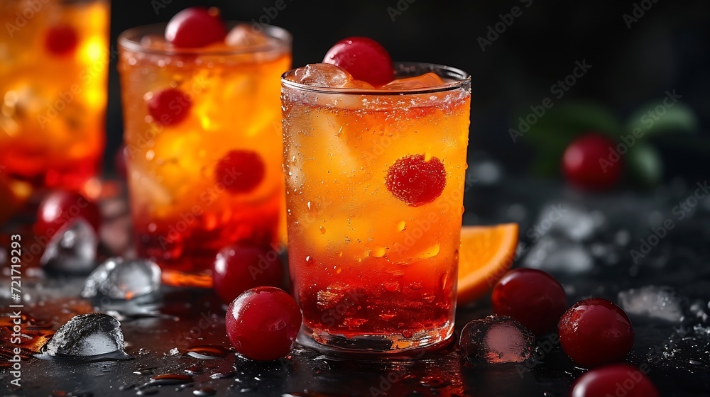 Generative AI : Tequila sunrise cocktail with ice and grenadine on a black background.