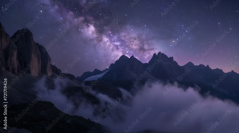 Generative AI : Milky Way above mountains in fog at night in autumn Generative AI : Milky Way above mountains in fog at night in autumn