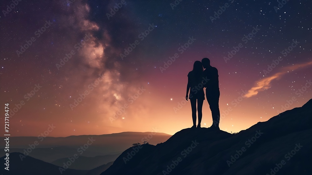 Generative AI : Silhouette of young couple hiker were standing at the top of the mountain
