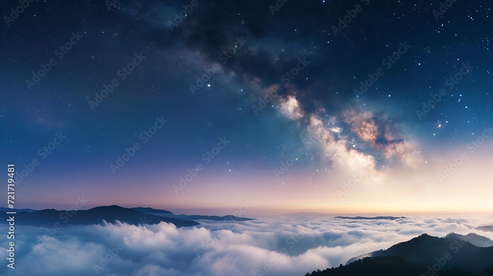Generative AI : A panoramic view of the milky way galaxy arching over a tranquil sea of clouds
