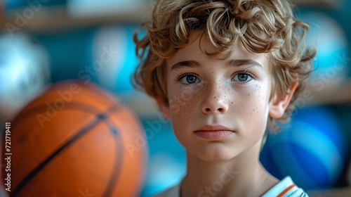 Generative AI : Junior level basketball player bouncing basketball. Young basketball player with classic ball. photo