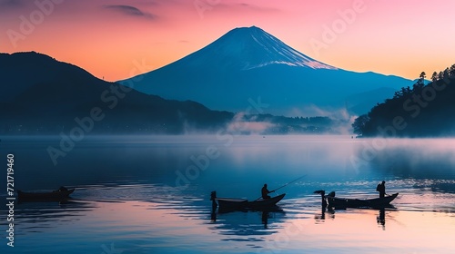 Generative AI : Fujisan with Silhouette three fishing people on boats 
