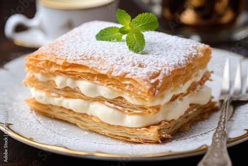 Layered mille-feuille with raspberries and cream, served on a white plate with a gold trim. photo