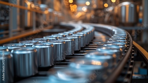 Generative AI : Empty new aluminum cans for drink process in factory line on conveyor belt machine at beverage manufacturing. 
