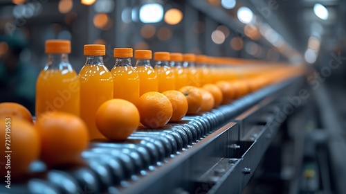 Generative AI : Orange Juice Bottles transfer on Conveyor Belt System