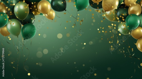 Bright celebration: vibrant green and golden balloons with confetti on a festive green background photo