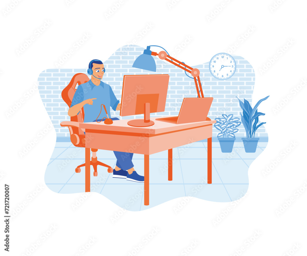Male programmer working while listening to music. Developing software using computers and laptops. Software developers concept. flat vector modern illustration 