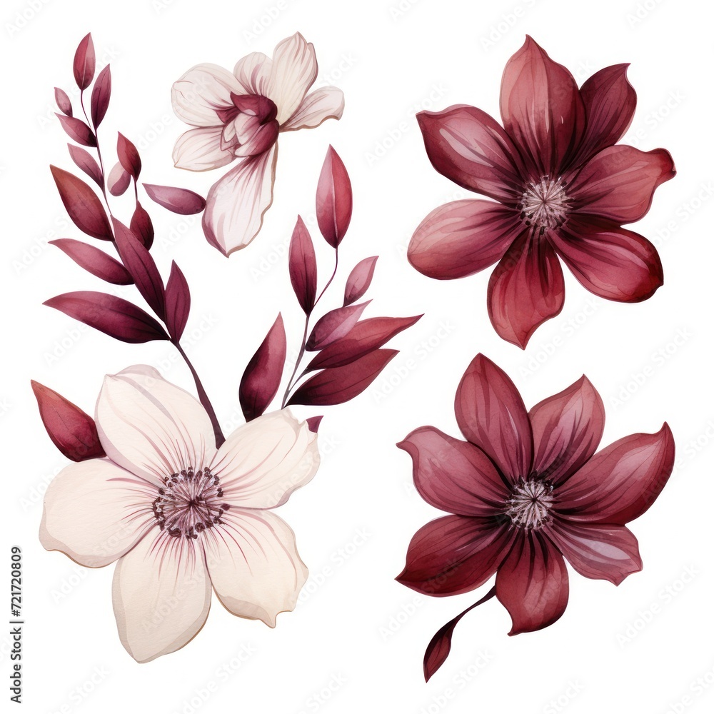 Burgundy several pattern flower, sketch, illust, abstract watercolor, flat design, white background