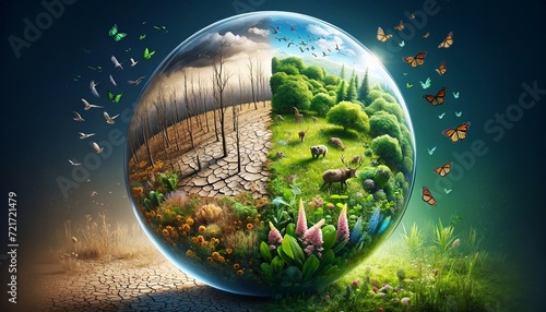 Contrasting Ecosystems Inside a Spherical Biodome: An Educational Representation of Earth's Diverse Habitats and Ecological Awareness photo