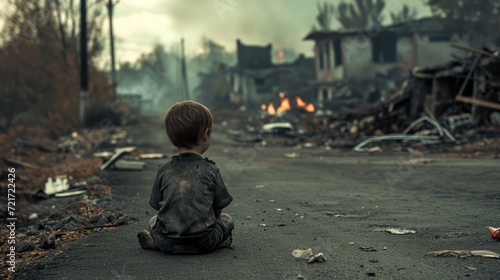 A dirty little boy sitting alone, bokeh building ruins background. After war or natural disasters concept.	