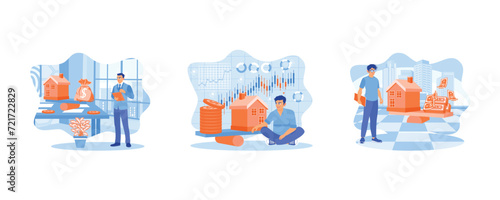  House Model Balance Equilibrium Concept. Real Estate Money. Money and house scales. set flat vector modern illustration  