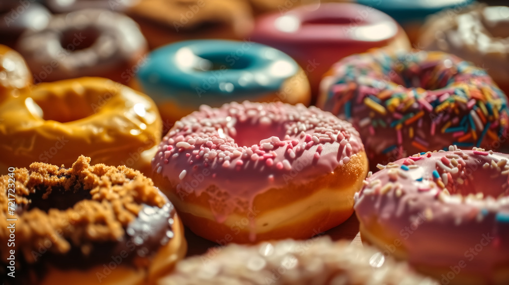 Variety of colorful donuts with sprinkles and chocolate frosted.