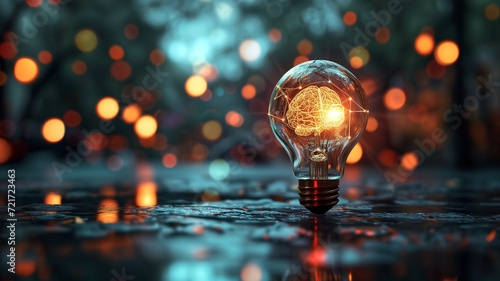 Glowing light bulb on blurred background with bokeh effect. 3D rendering.