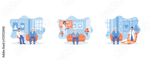 Doctor Talking To Elderly Patient At Home. sick senior male talk on video call consulting with female nurse using laptop. Elderly 70s man seated on sofa make distant video call. set flat vector modern