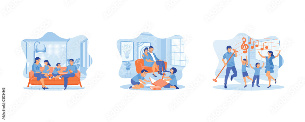 Happy parents and kids having fun tickling sitting together on sofa. Children sister and brother playing drawing together on floor while young parents relaxing at home on sofa. Spending active free ti