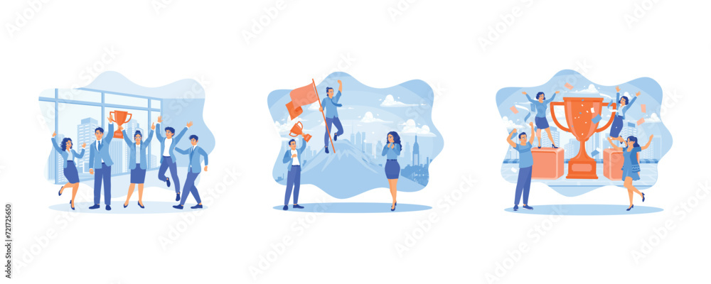 Happy positive men and women celebrating victory and rejoicing together. Male Manager with Flag on Hill Top.Joyful Colleagues Celebrating. set flat vector modern illustration 