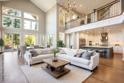 Spacious and Modern Living Room with High Ceilings and Natural Light