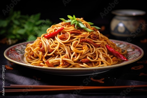 Chinese noodles with spicy sauce, meat, and greens on patterned plate