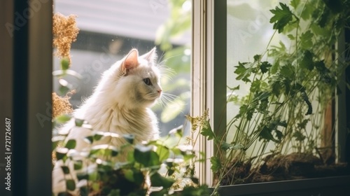 Graceful white cat lounging by the window, serenely observing surroundings with a lush plant in the background