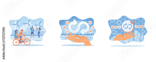 Eco earth day and world environment day with Couple riding a bike in Green city. Hand of human holding circular economy icon. economic system that aims to minimize waste and maximize resource efficien