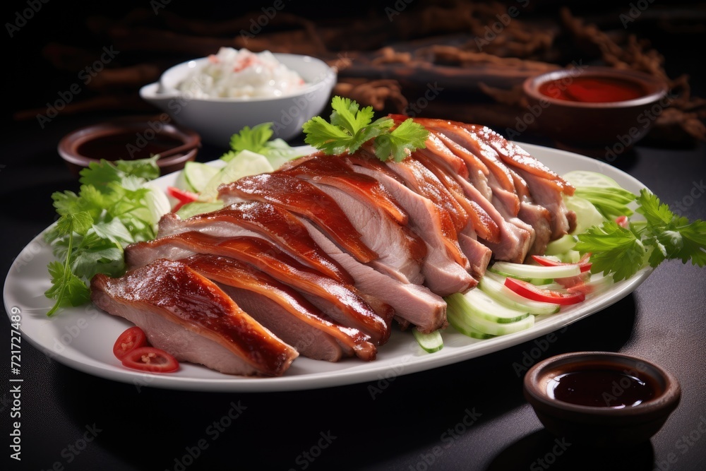 Peking duck on white plate with vegetables