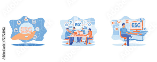ESG concept in the hand for environmental. ESG environmental social governance policy for modish business. Businessman using a computer for analysis ESG environmental social governance business strate