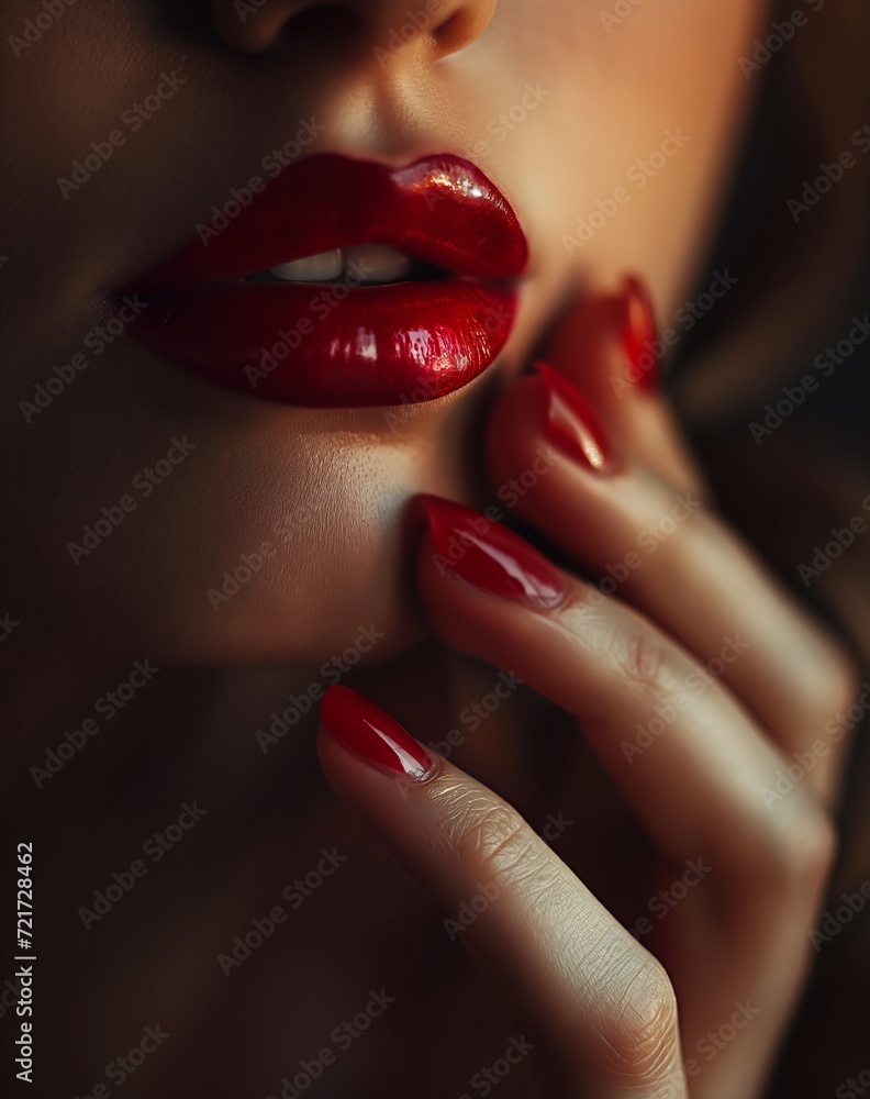 woman red lipstick nails holding hand mouth natural skin liquid high glossy forbidden beauty bite lip stunning beauteous sumptuous flirty - obrazy, fototapety, plakaty 