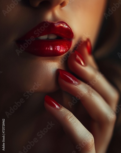 woman red lipstick nails holding hand mouth natural skin liquid high glossy forbidden beauty bite lip stunning beauteous sumptuous flirty