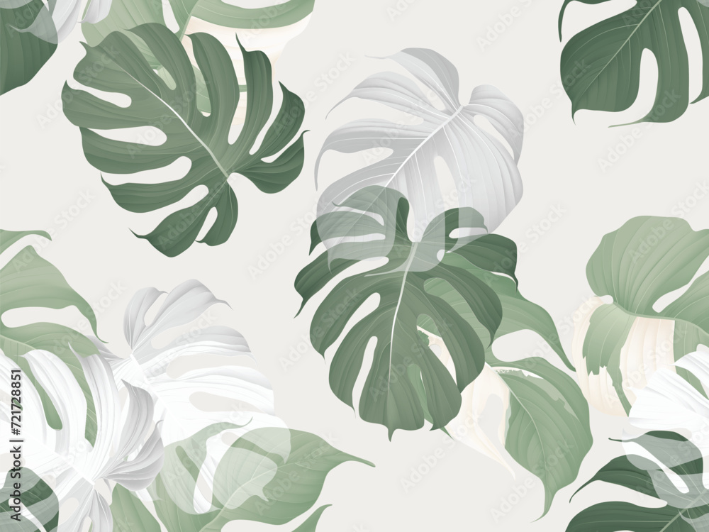 Foliage seamless pattern, Monstera leaves on light grey Foliage seamless pattern, Monstera leaves on light grey