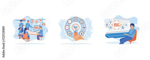 ESG environmental social governance. Society and Governance hand holding light bulb with renewable energy icon Revolving Revenue. Environment social governance investment business. Set flat vector mod