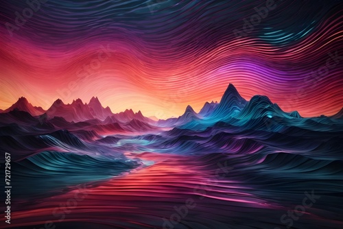 Vibrant Sunset Over Surreal Waves and Mountain Landscape Digital Art