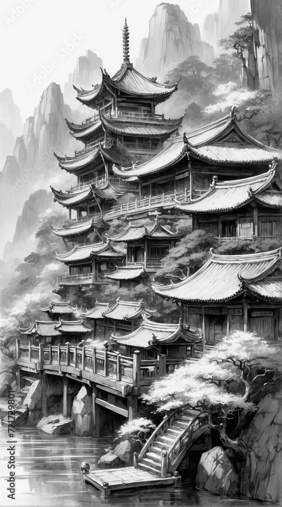 Obraz premium japanese temple in the morning, illustration, art