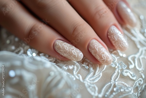 Nail art mimicking fabric pattern, soft background manicure.