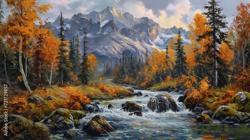 mountain stream background warm rendition stands easel heavily autumn melting rivers paint splashes yellow orange alaska bush highly © Cary